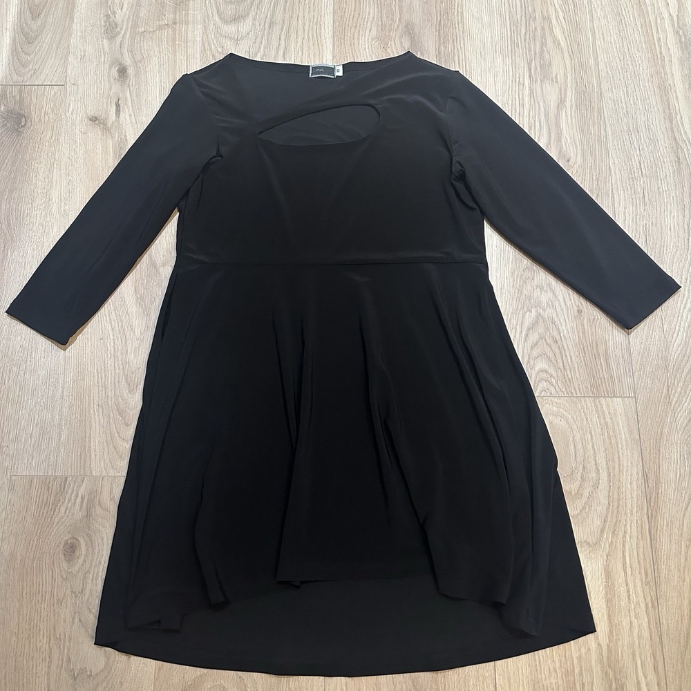 Sympli Fit & Flare Tunic Dress Sz 10 Black Asymmetric Neck Cutout Minimalist EUC